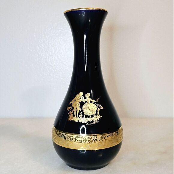 Limoges Castel Porcelain Cobalt Dark Blue Vintage Vase Lovers Scene with Gold - Picture 1 of 8